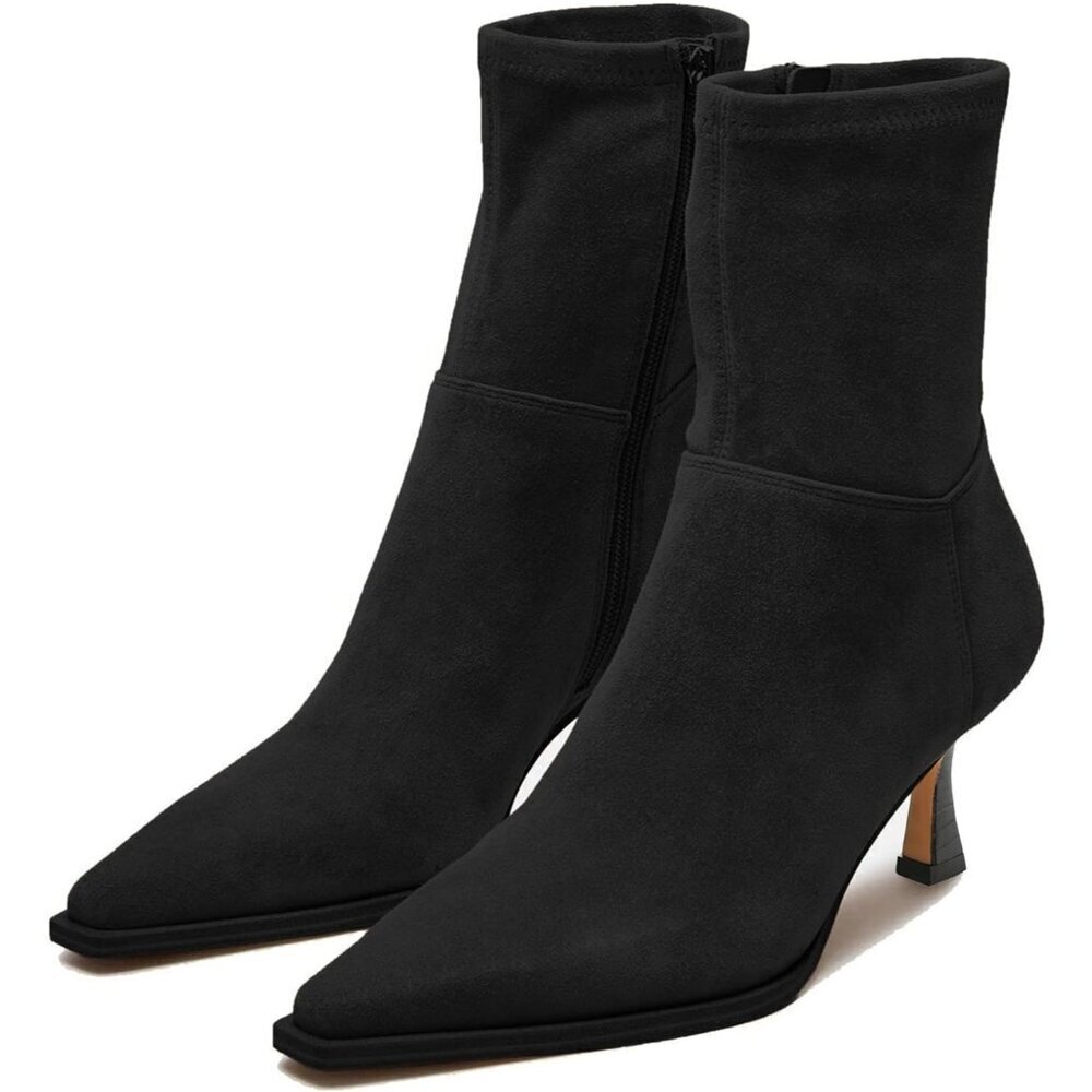 Women's Black Suede Fall Side Zip Ankle Mid Calf Pointed Toe Kitten Heel Boots